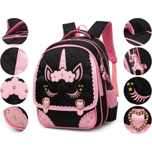 New Cute Unicorn Diamond Sequins Waterproof Princess School Backpack Set - Black main image 4